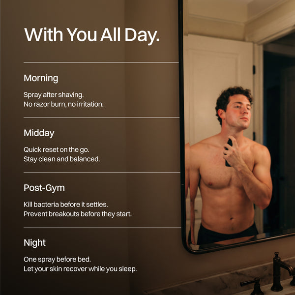 Man applying a product in front of a mirror with text about its uses.